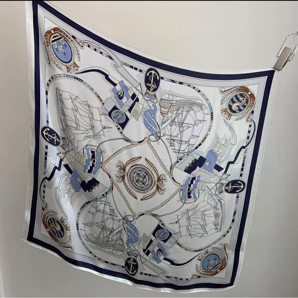 100 Silk Large Scarf White Blue Sailing